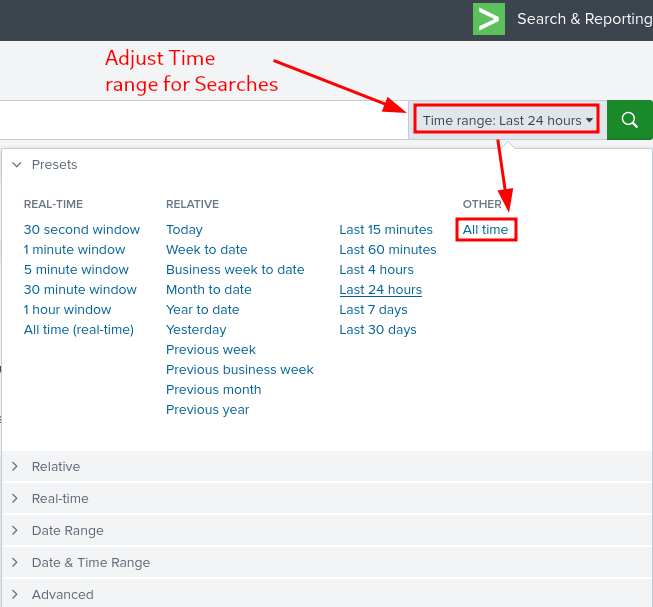Splunk Enterprise - Adjusting Time range for Seaches