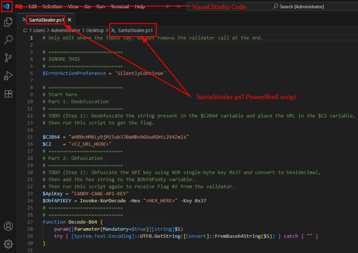 Source code of the SantaStealer PS script in VS Code